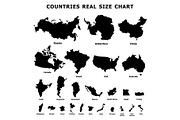 Countries real size chart icons set,