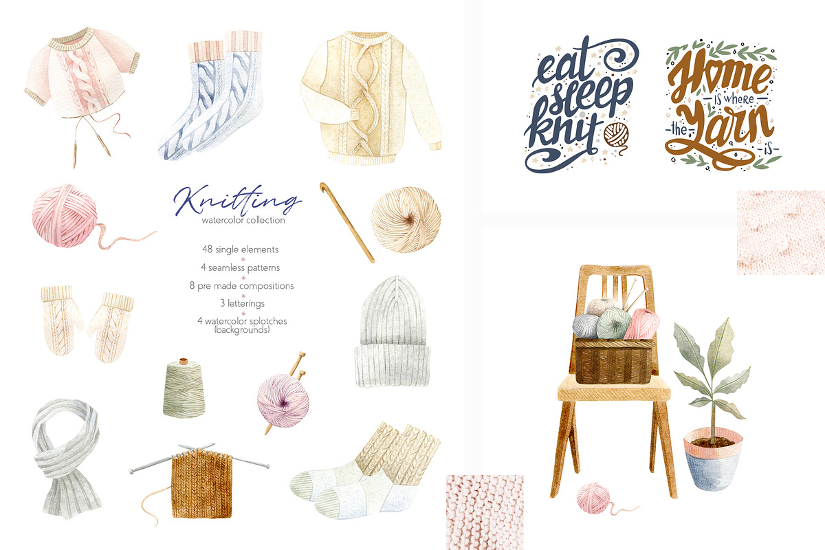 Knitting Watercolor Illustrations in Illustrations - product preview 8