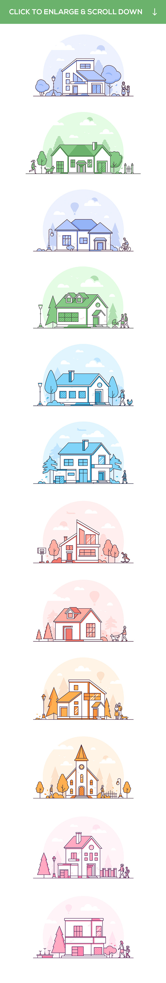 Set of line design cottage houses in Illustrations - product preview 7
