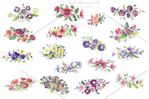 Bright bouquet of watercolor flowers in Illustrations - product preview 4