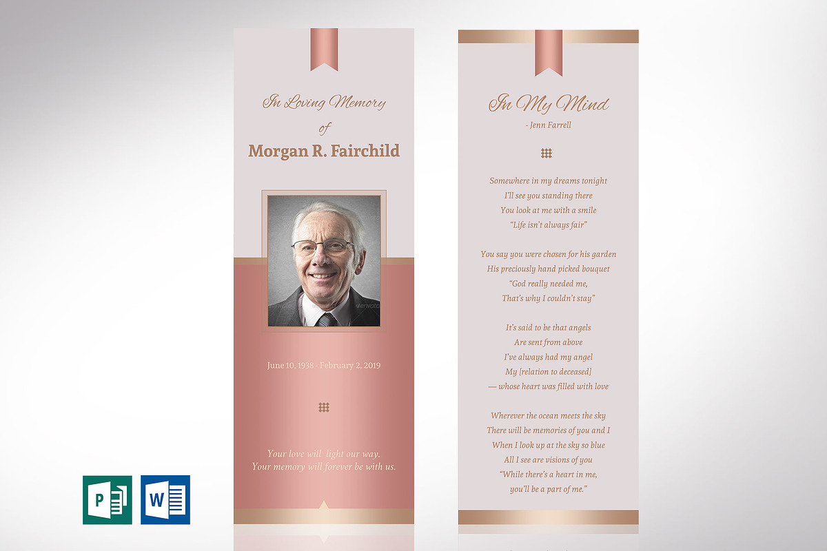 Rose Gold Funeral Bookmark Word in Card Templates - product preview 8