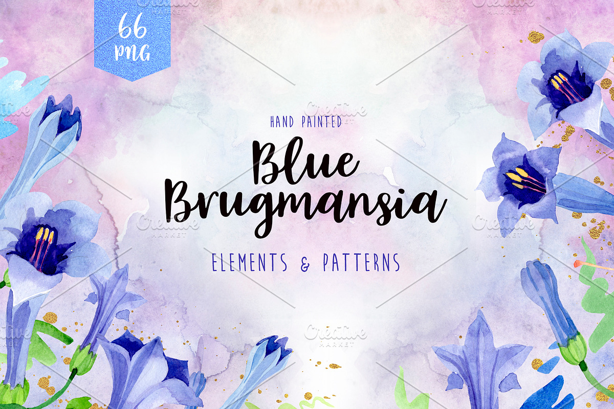 Blue brugmansia flower watercolor in Illustrations - product preview 8