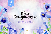 Blue brugmansia flower watercolor