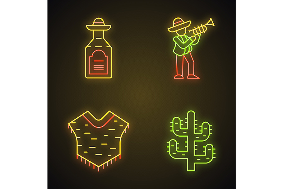 Mexican culture neon light icons set
