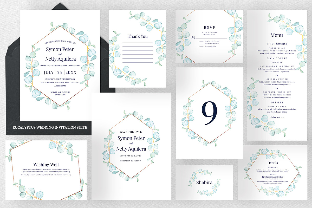 Eucalyptus Wedding Invitation Set in Wedding Templates - product preview 8