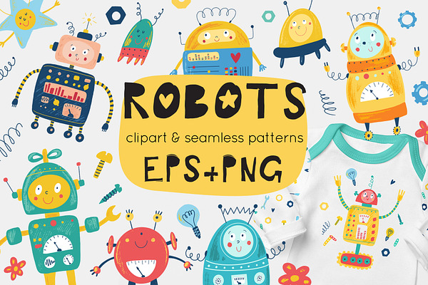 Cute robots. Characters and patterns