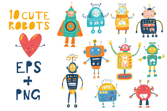 Cute robots. Characters and patterns in Illustrations - product preview 1