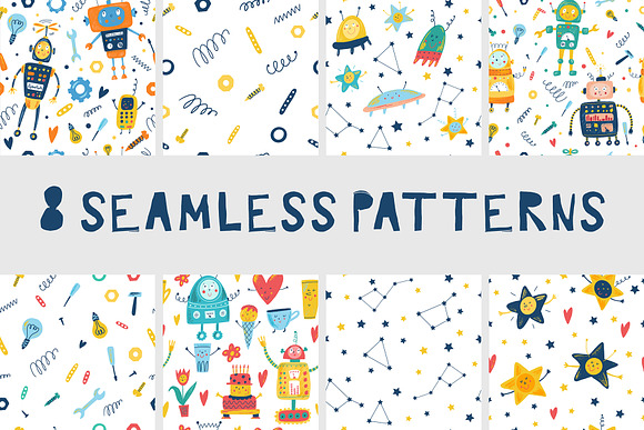 Cute robots. Characters and patterns in Illustrations - product preview 3