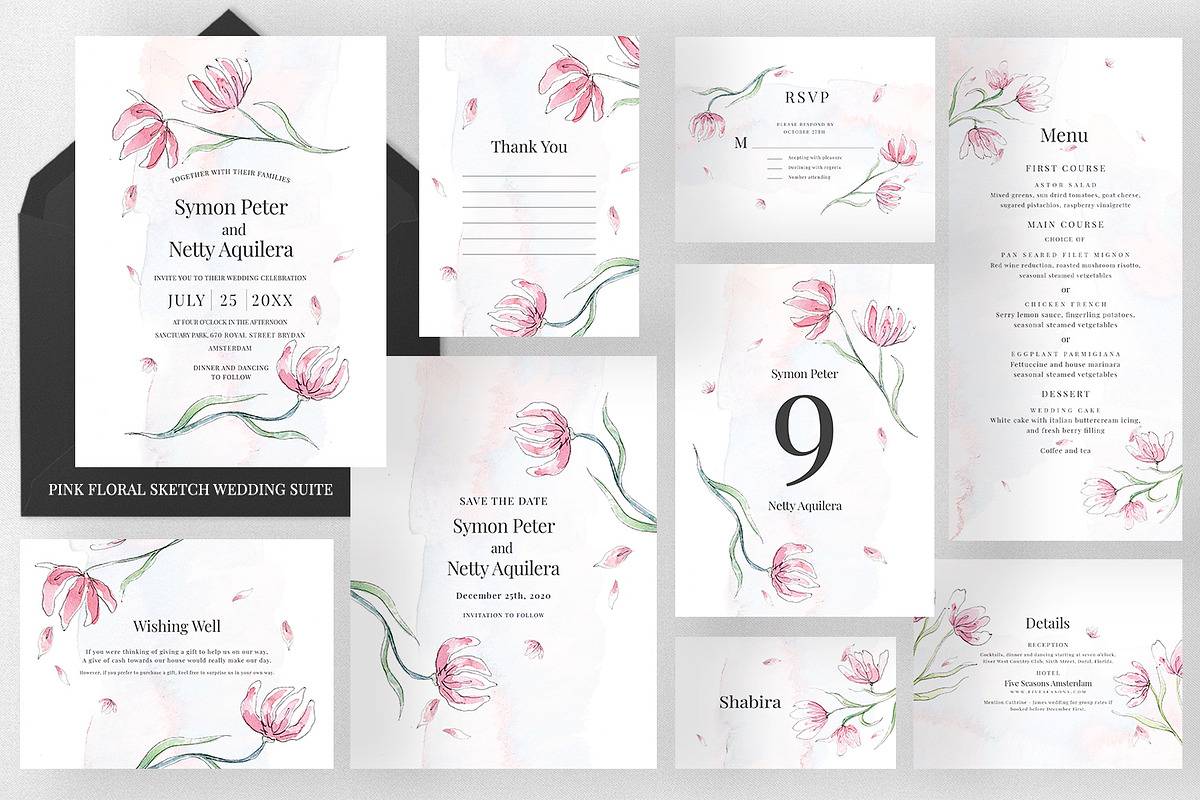 Pink Floral Sketch Wedding Suite in Wedding Templates - product preview 8