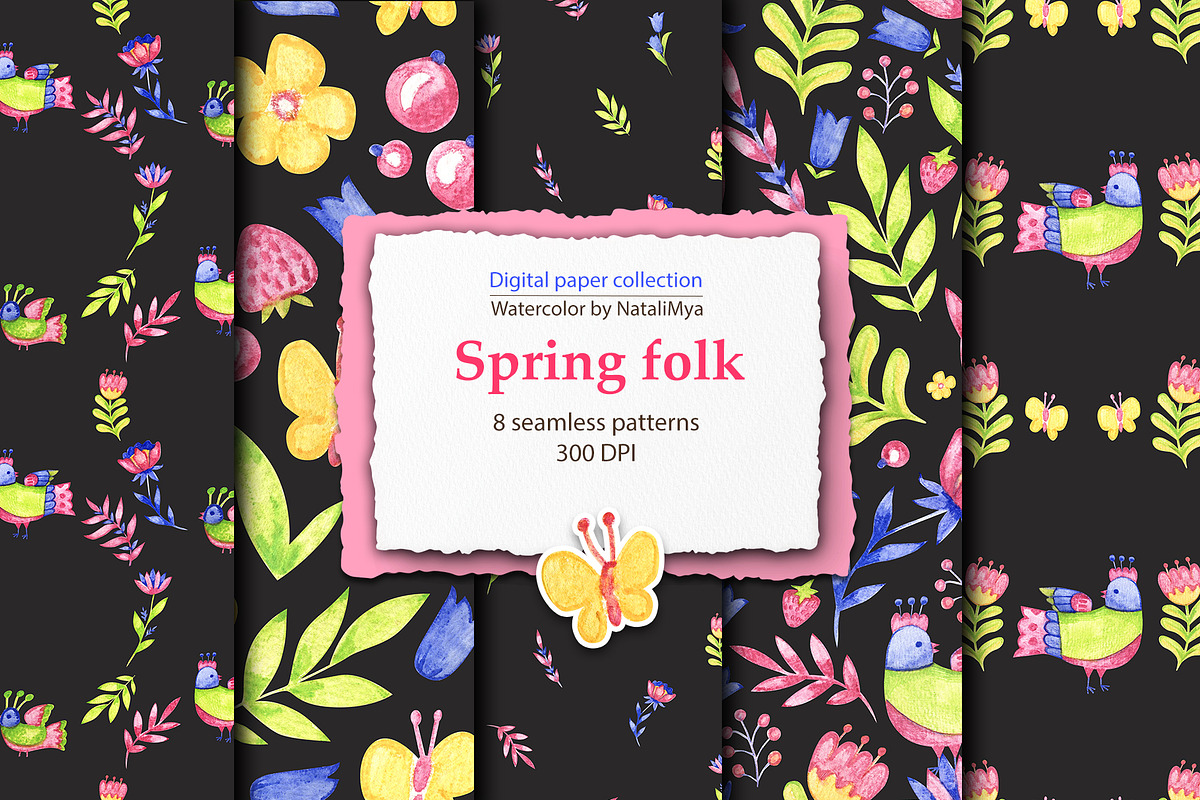Watercolor black folk digital papers in Patterns - product preview 8