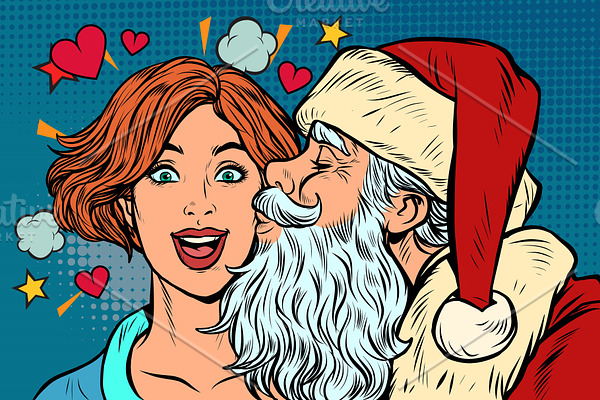 Santa Claus kisses a woman