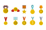 Gold medal icon set, flat style