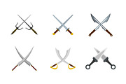 Cross sword icon set, flat style