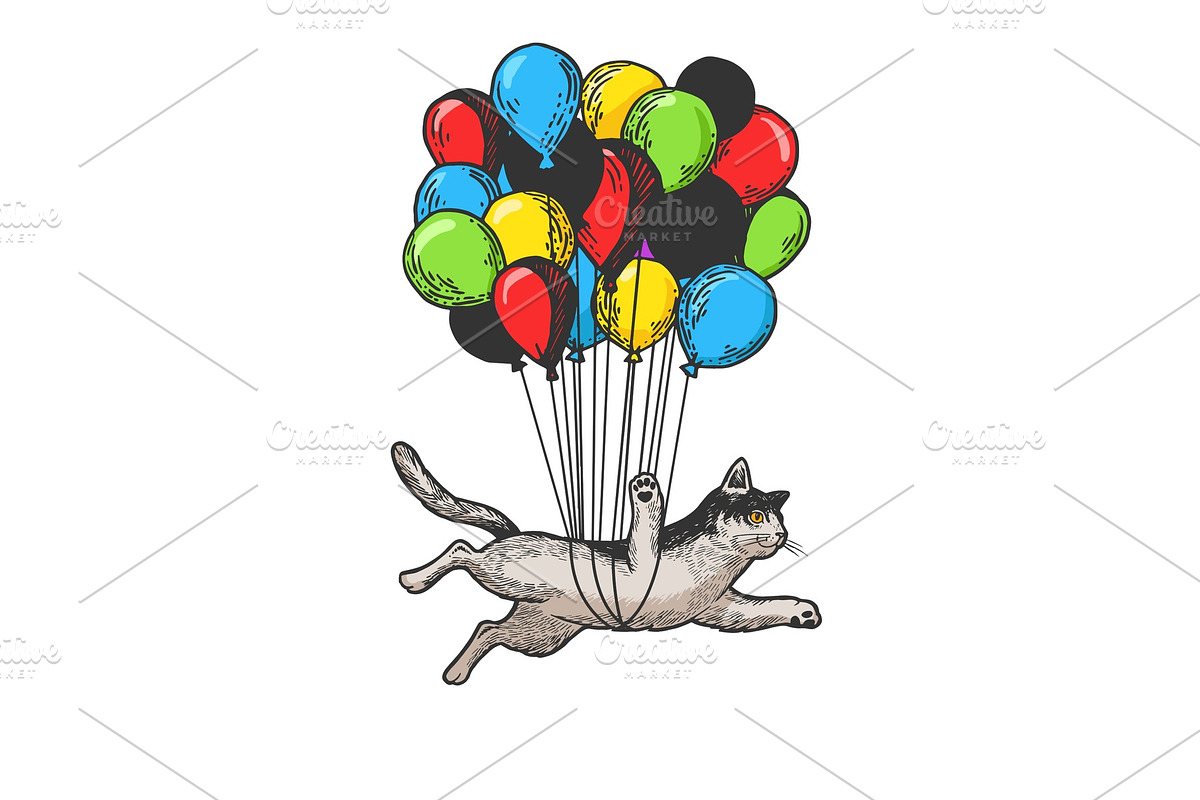 Cat flies on air balloons sketch in Illustrations - product preview 8