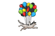 Cat flies on air balloons sketch