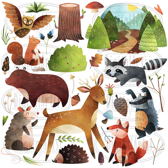 Watercolor Woodland Animal Clipart in Illustrations - product preview 1