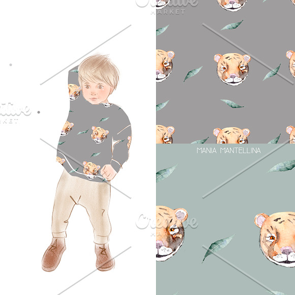 Tigers and roses watercolor in Patterns - product preview 1