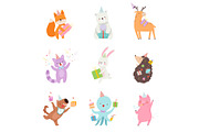 Set of cartoon animals with gifts