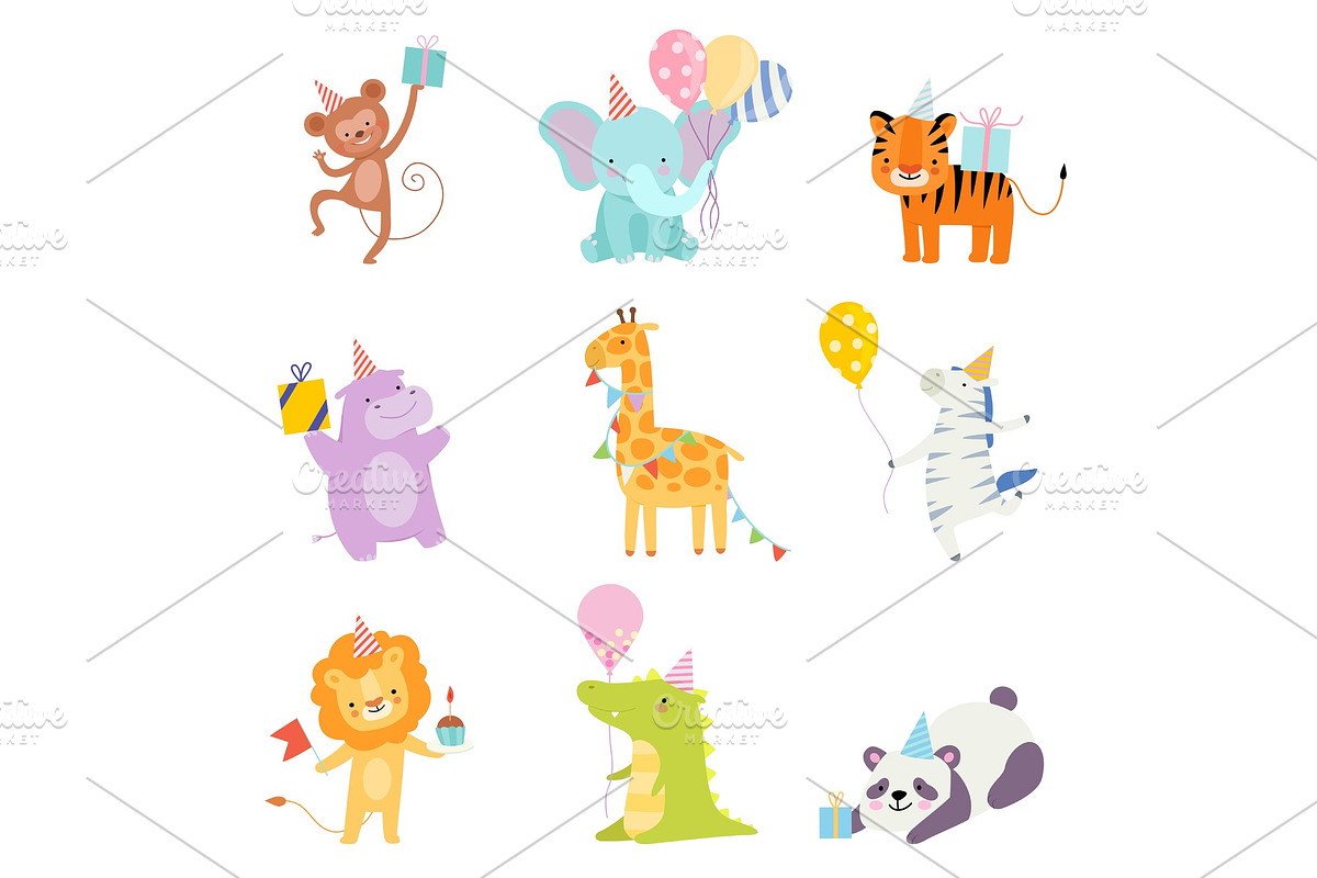 Set of cartoon animals in birthday in Illustrations - product preview 8