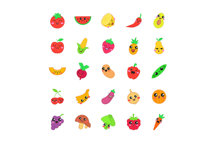 Fruits, vegetables kawaii chatacters