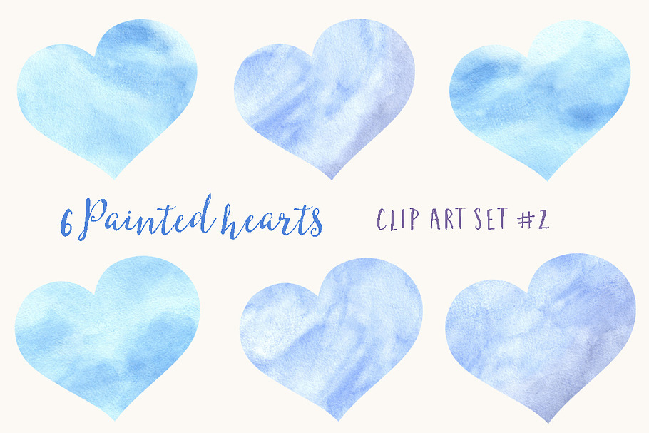 6 Blue Watercolor Hearts Clipart Set