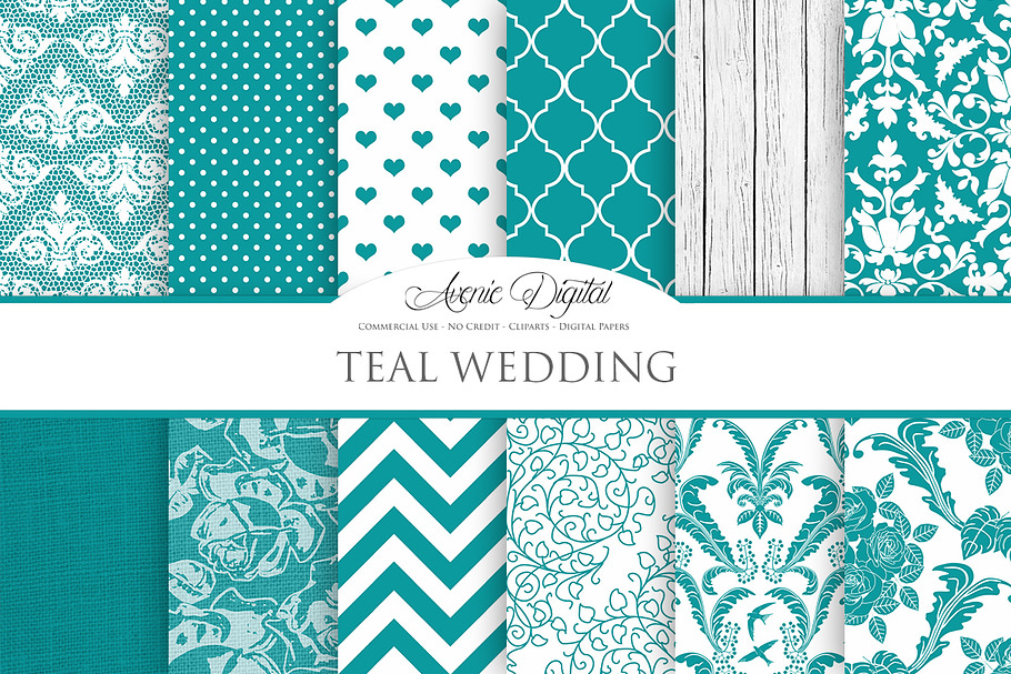 Teal Wedding Digital Paper in Patterns - product preview 8
