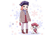 Vector cute girl with dog