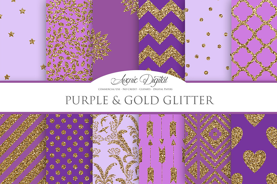 Purple and Gold Digital Paper in Patterns - product preview 8