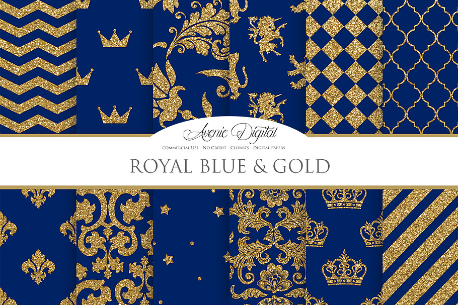 Royal Blue and Gold Digital Paper in Patterns - product preview 8