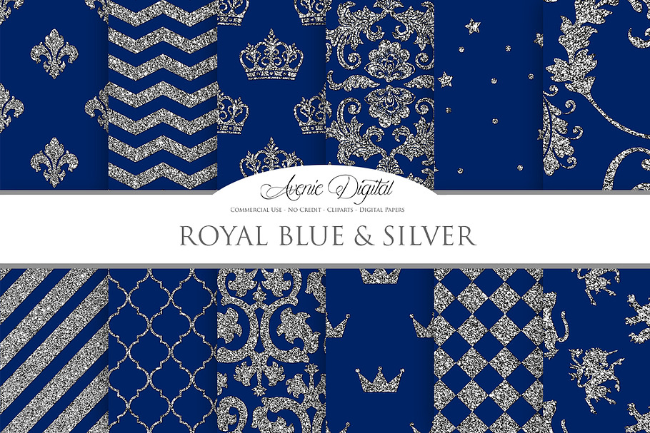 Royal Blue and Silver Digital Paper in Patterns - product preview 8