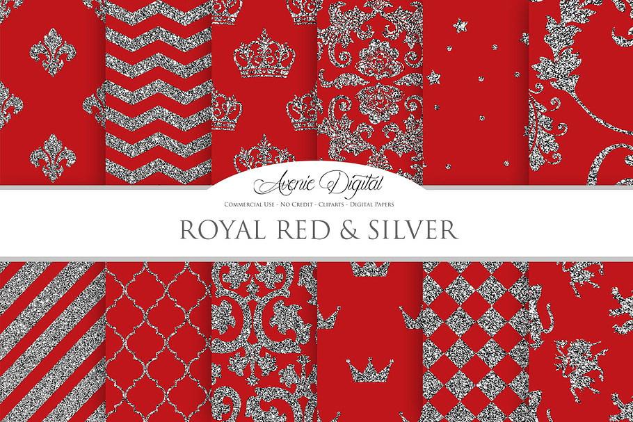 Royal Red and Silver Digital Paper in Patterns - product preview 8