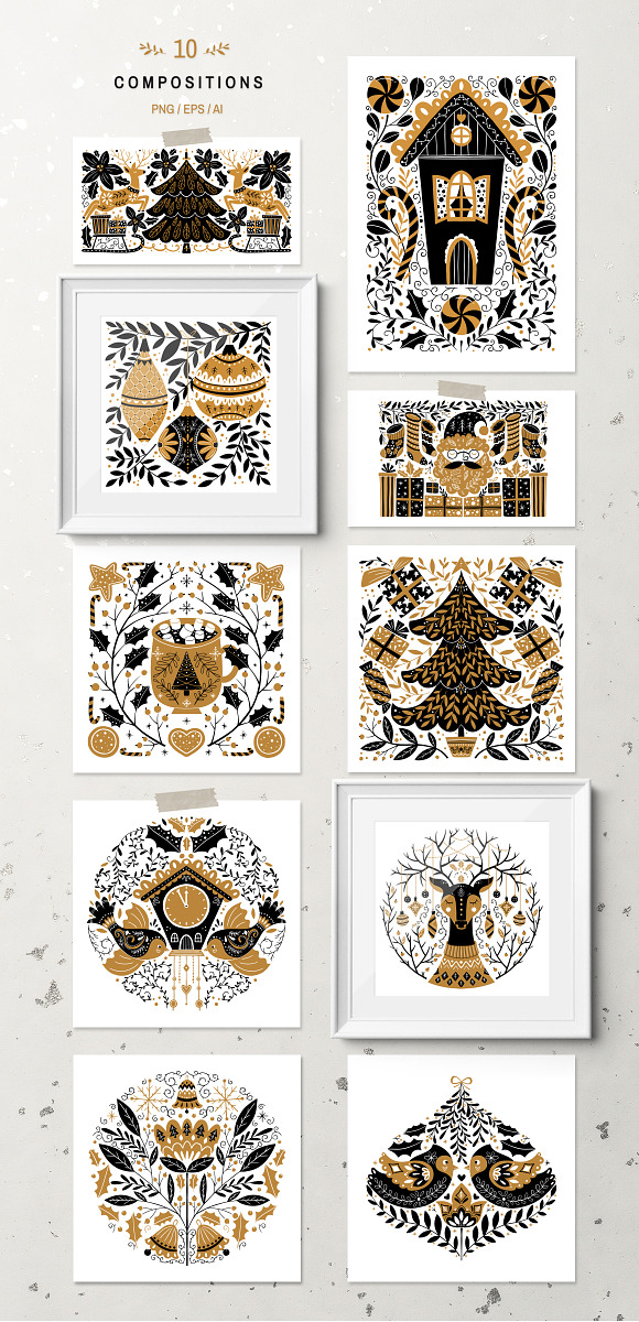 Gold Christmas Folk Art collection in Illustrations - product preview 1