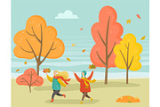 Kids Playing in Park in Autumn