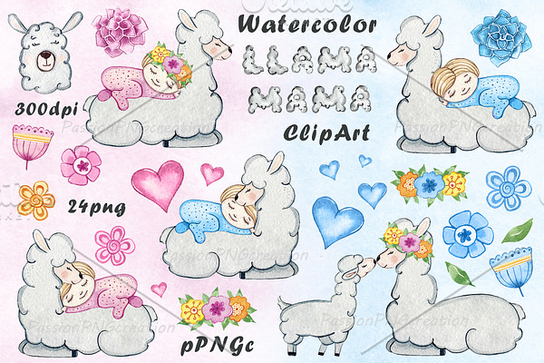 Watercolor Llama Mama Clipart