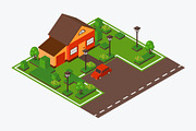 Isometric house with lawn and car
