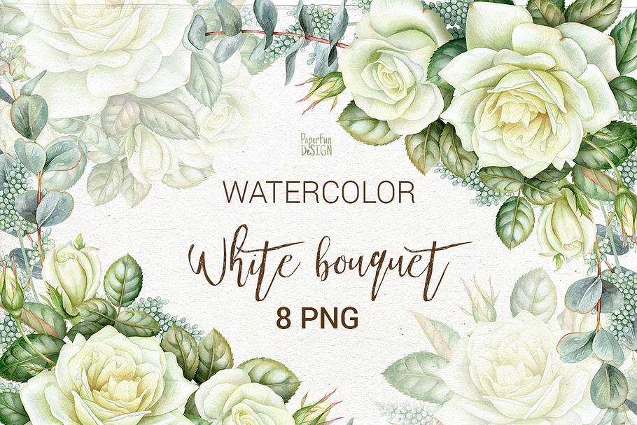 Watercolor white roses clipart.