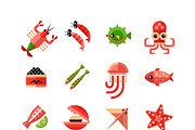 Seafood flat color icon set