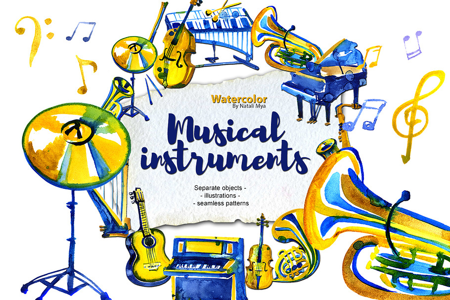 Watercolor musical instruments set in Illustrations - product preview 8