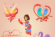 Valentine day retro cartoon set