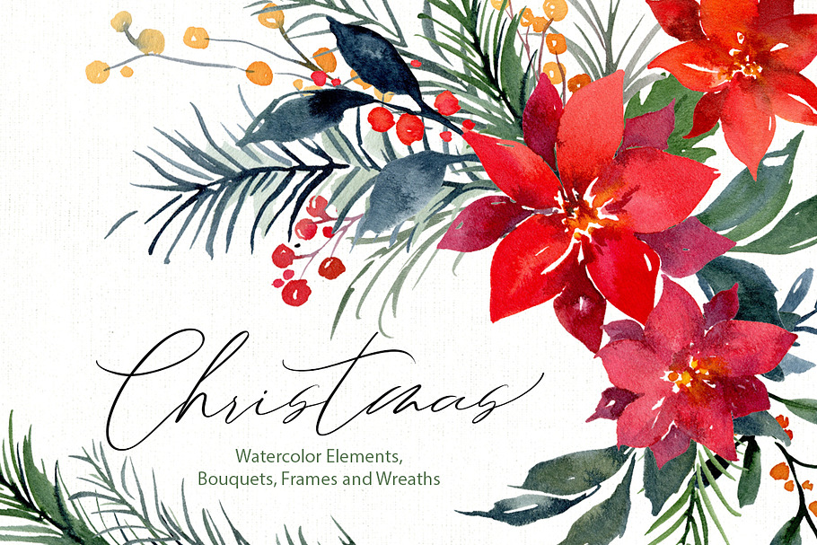 Watercolor Christmas Xmas Florals in Illustrations - product preview 8