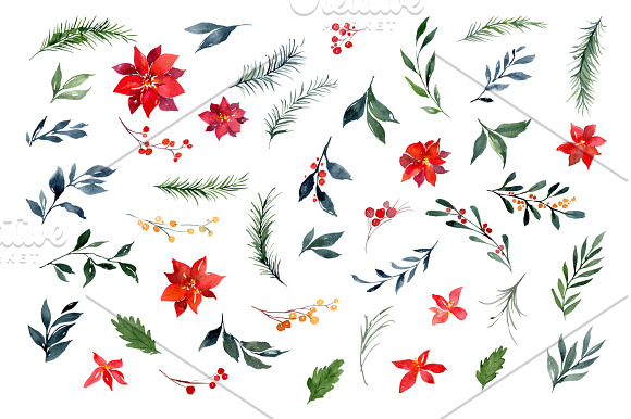 Watercolor Christmas Xmas Florals in Illustrations - product preview 1