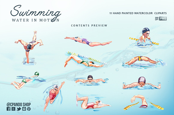 Swimming watercolor clip art in Illustrations - product preview 1