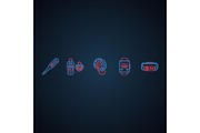 Medical devices neon light icons set