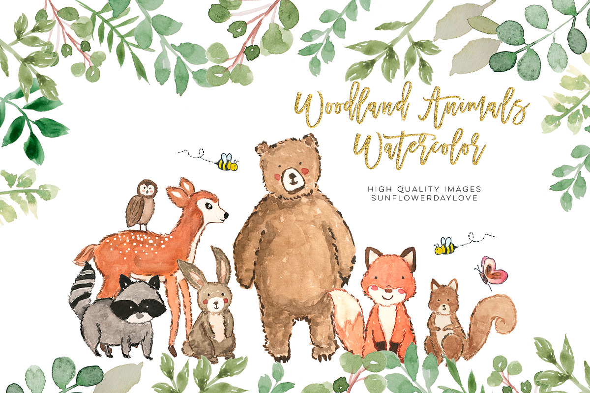 Nursery woodland watercolor clip art in Illustrations - product preview 8