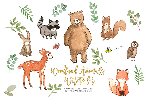 Nursery woodland watercolor clip art in Illustrations - product preview 3