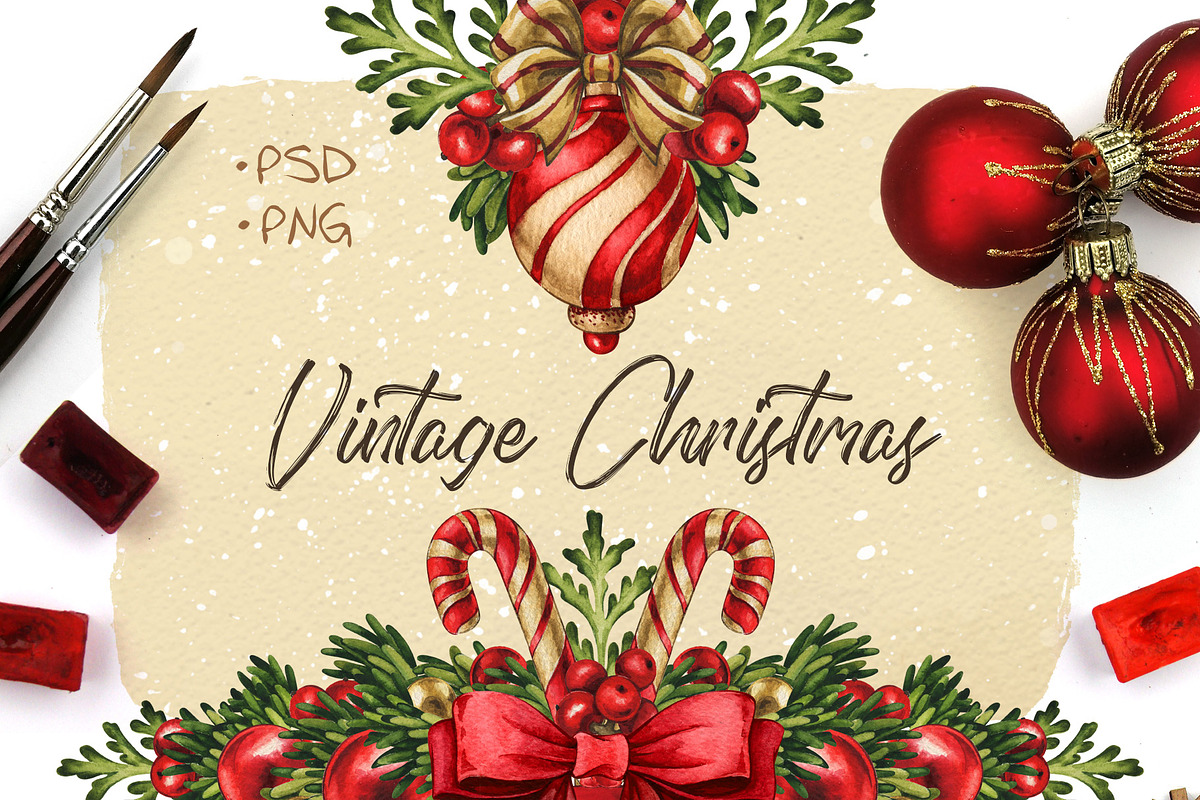 Vintage Christmas watercolor clipart in Illustrations - product preview 8