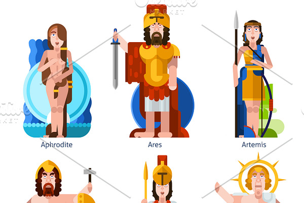 Cartoon olympic gods icons set