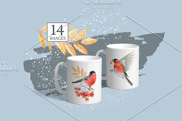 Watercolor bullfinch & rowanberry in Illustrations - product preview 2