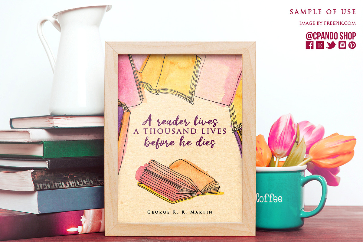 Book lover watercolor clipart in Illustrations - product preview 8