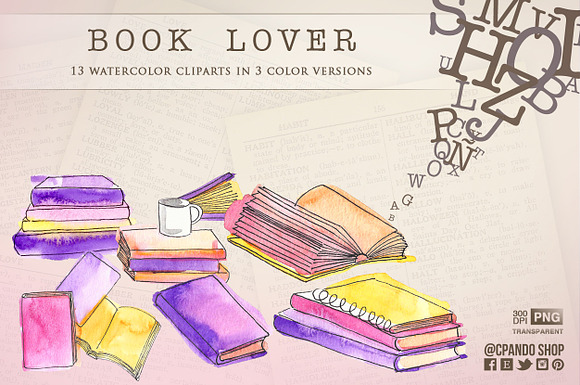 Book lover watercolor clipart in Illustrations - product preview 1